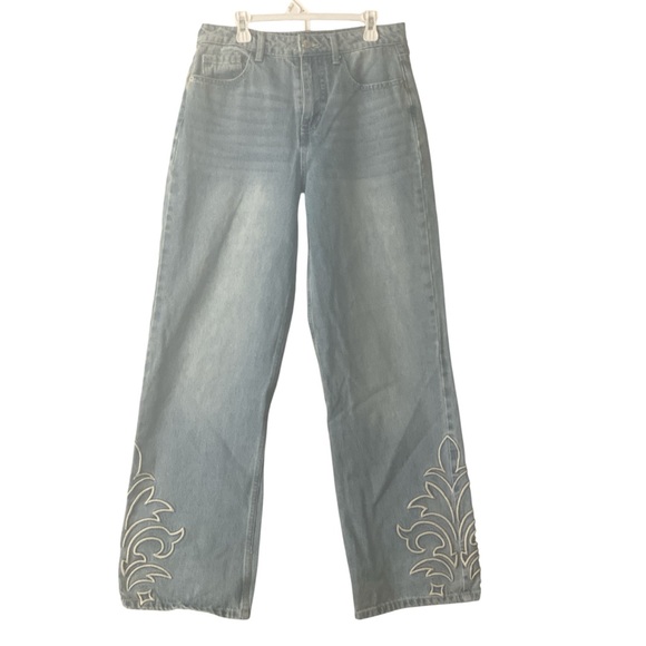 Forever 21 Denim - Forever 21 Light Blue Flare Jeans with White Embroidery